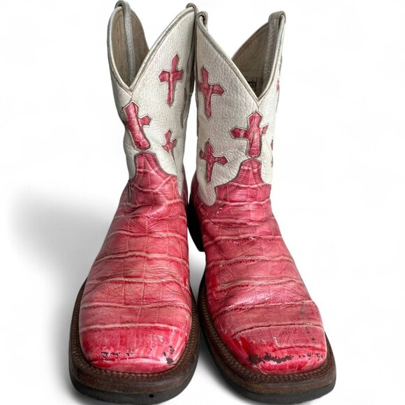 Ferrini Pink White Crosses Leather Distressed Western Cowgirl Cowboy Boots 8.5 - Picture 3 of 15